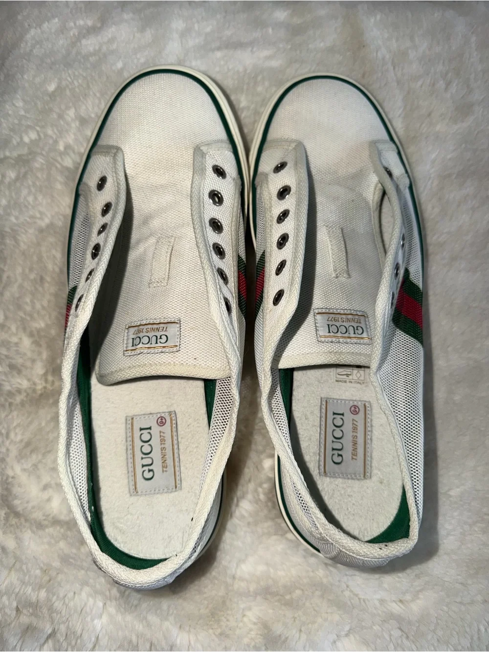 Gucci White Slip-On Canvas Loafers with Green & Red Web Stripe